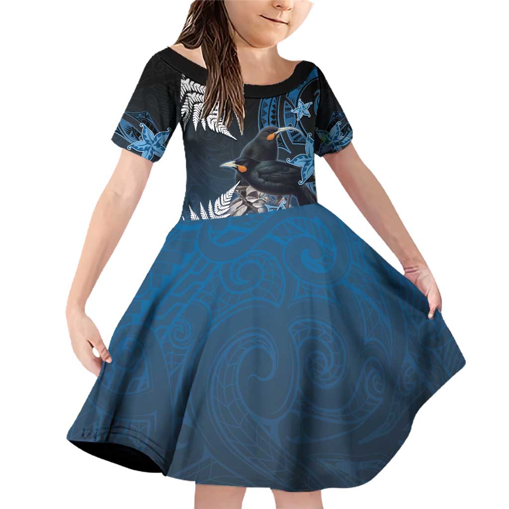 New Zealand Huia Bird Family Matching Off Shoulder Short Dress and Hawaiian Shirt Aotearoa Maori Pattern LT05 Daughter's Dress Navy - Polynesian Pride