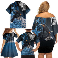 New Zealand Huia Bird Family Matching Off Shoulder Short Dress and Hawaiian Shirt Aotearoa Maori Pattern LT05 - Polynesian Pride