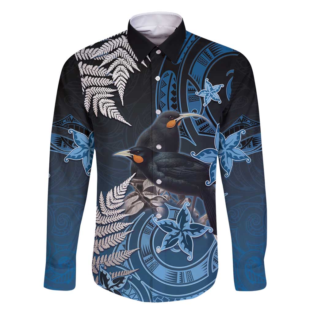 New Zealand Huia Bird Family Matching Off Shoulder Short Dress and Hawaiian Shirt Aotearoa Maori Pattern LT05 Dad's Shirt - Long Sleeve Navy - Polynesian Pride
