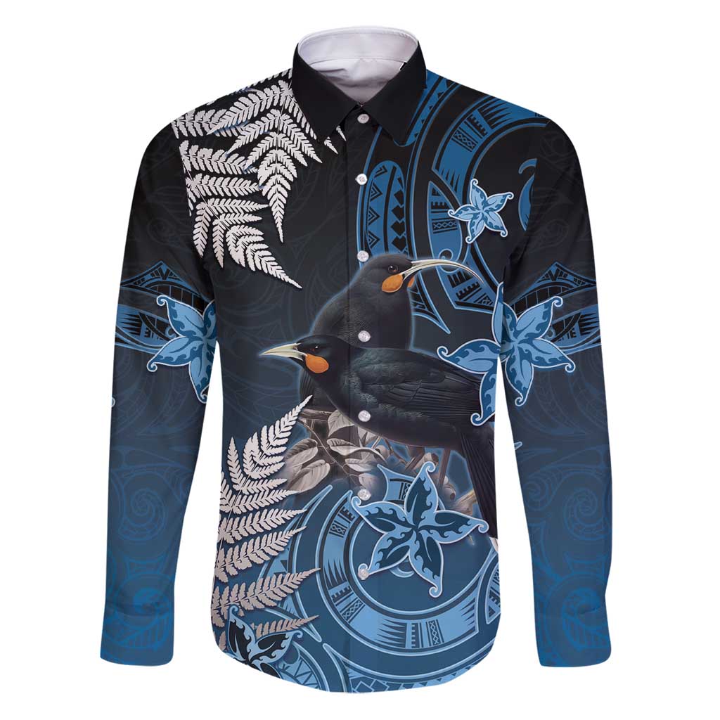 New Zealand Huia Bird Family Matching Puletasi and Hawaiian Shirt Aotearoa Maori Pattern LT05 Dad's Shirt - Long Sleeve Navy - Polynesian Pride