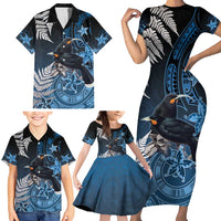 New Zealand Huia Bird Family Matching Short Sleeve Bodycon Dress and Hawaiian Shirt Aotearoa Maori Pattern LT05 - Polynesian Pride