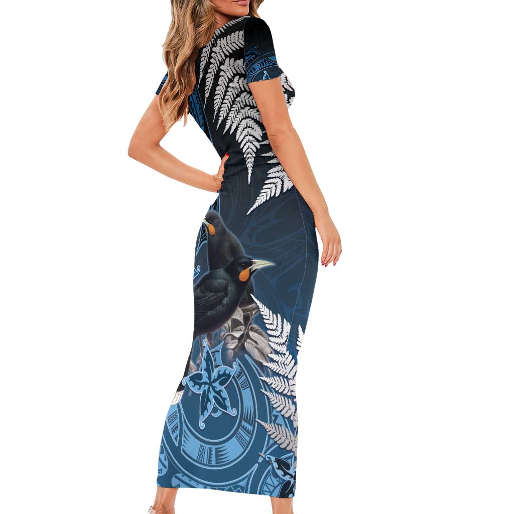 New Zealand Huia Bird Family Matching Short Sleeve Bodycon Dress and Hawaiian Shirt Aotearoa Maori Pattern LT05 - Polynesian Pride