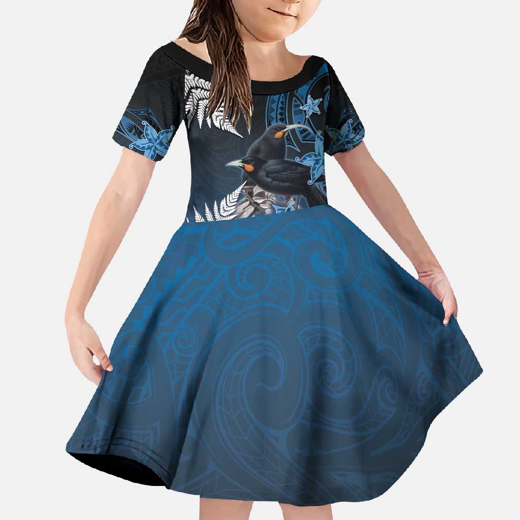New Zealand Huia Bird Family Matching Summer Maxi Dress and Hawaiian Shirt Aotearoa Maori Pattern LT05 Daughter's Dress Navy - Polynesian Pride