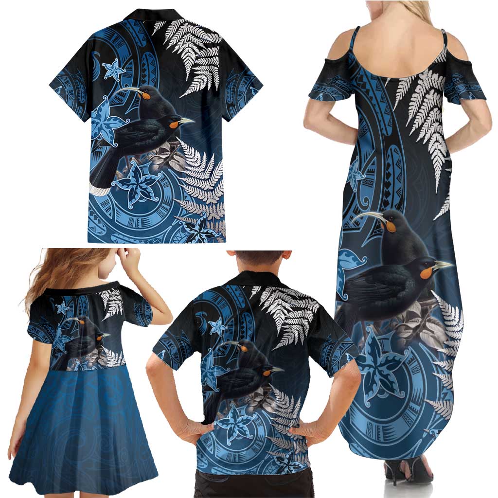 New Zealand Huia Bird Family Matching Summer Maxi Dress and Hawaiian Shirt Aotearoa Maori Pattern LT05 - Polynesian Pride
