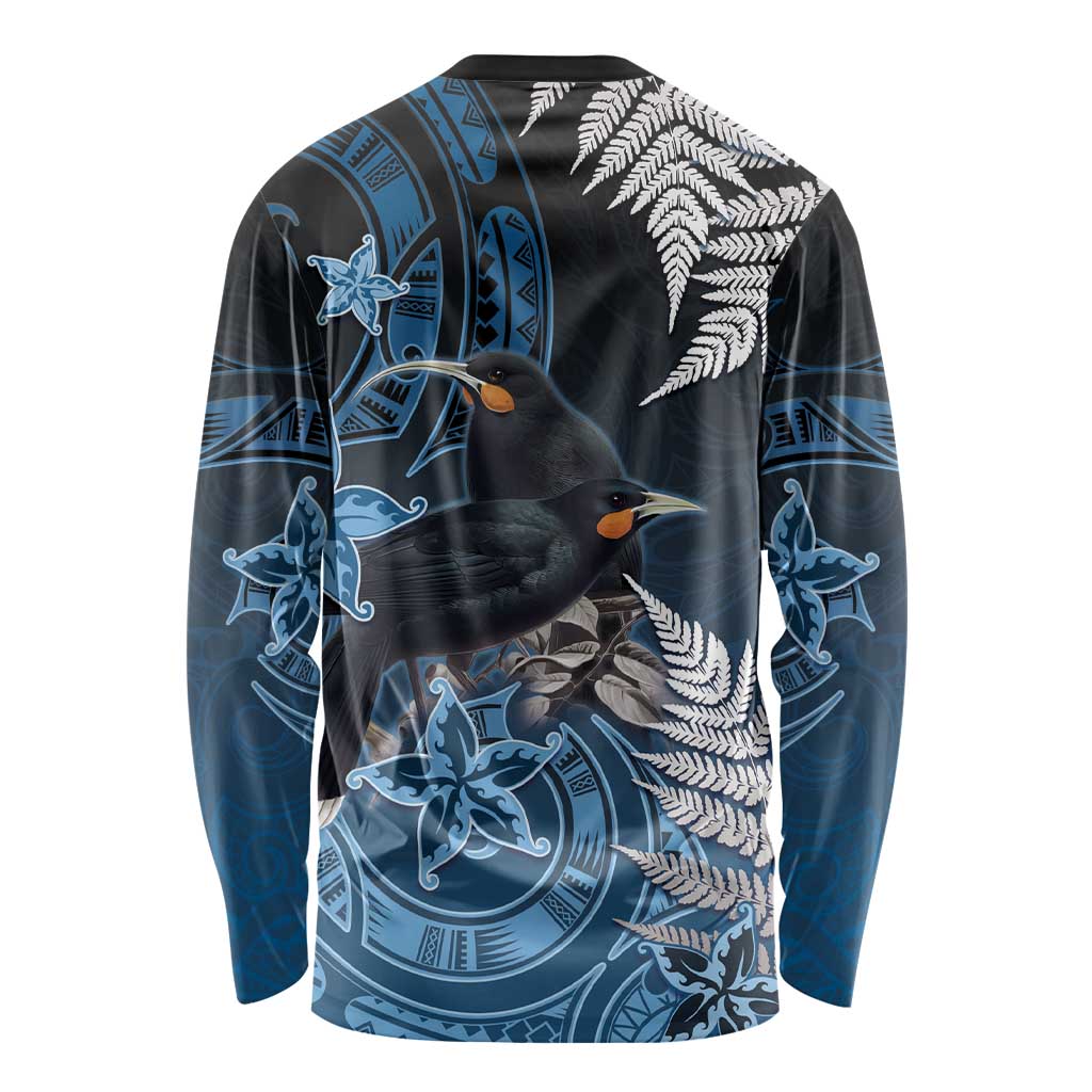 New Zealand Huia Bird Long Sleeve Shirt Aotearoa Maori Pattern