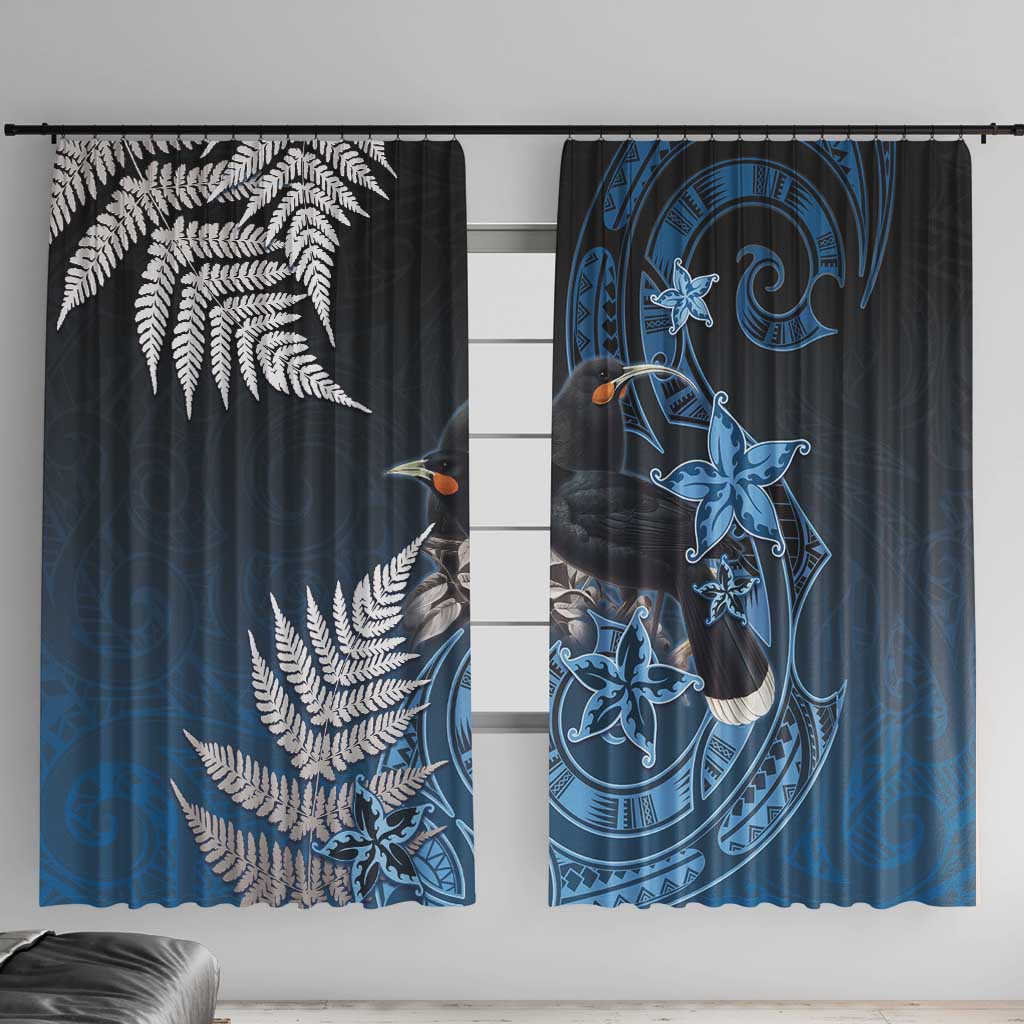 New Zealand Huia Bird Window Curtain Aotearoa Maori Pattern LT05 With Hooks Navy - Polynesian Pride