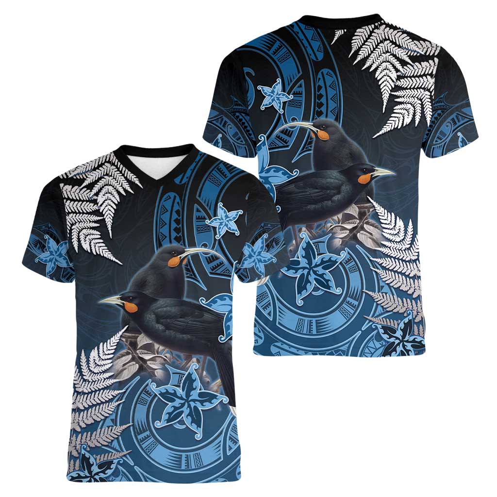 New Zealand Huia Bird Women V-Neck T-Shirt Aotearoa Maori Pattern