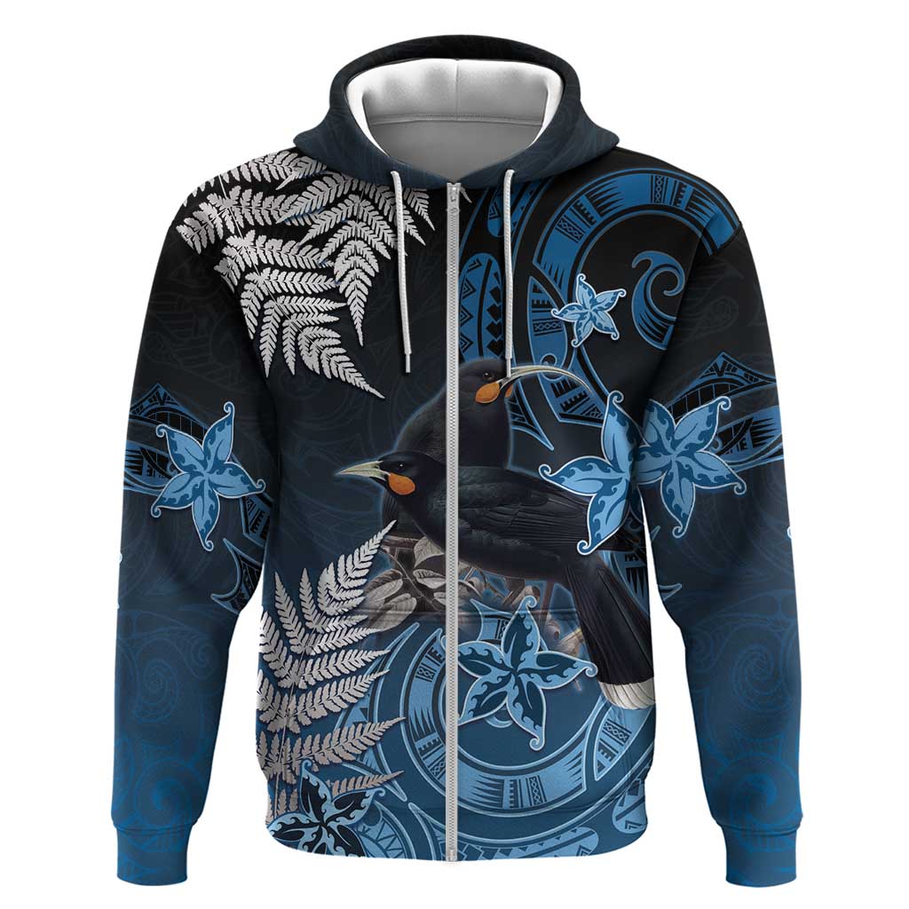 New Zealand Huia Bird Zip Hoodie Aotearoa Maori Pattern LT05 Zip Hoodie Navy - Polynesian Pride