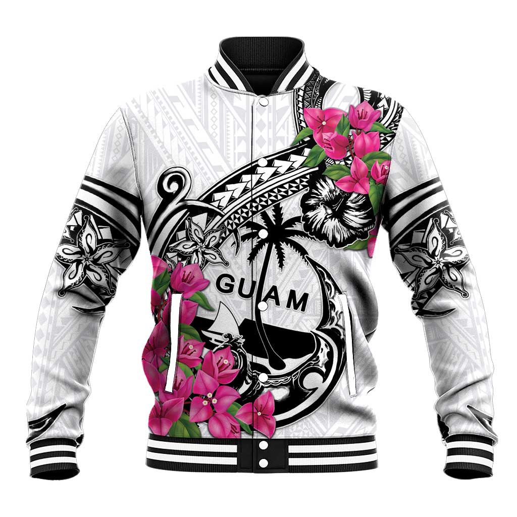 Guam Chamorro Baseball Jacket Bougainvillea White Polynesian Tribal Pattern