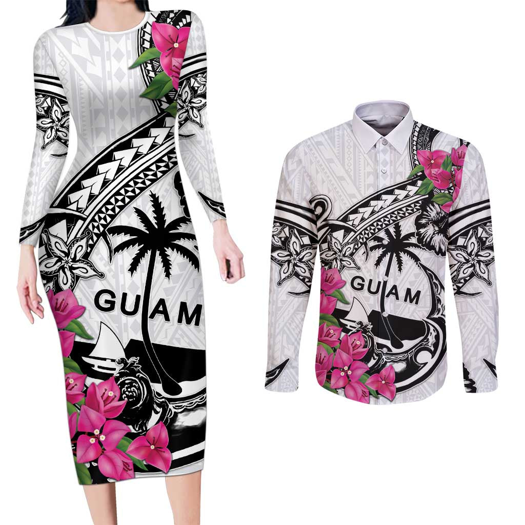 Guam Chamorro Couples Matching Long Sleeve Bodycon Dress and Long Sleeve Button Shirt Bougainvillea White Polynesian Tribal Pattern