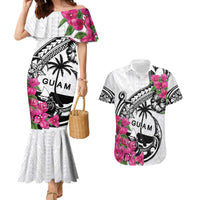 Guam Chamorro Couples Matching Mermaid Dress and Hawaiian Shirt Bougainvillea White Polynesian Tribal Pattern