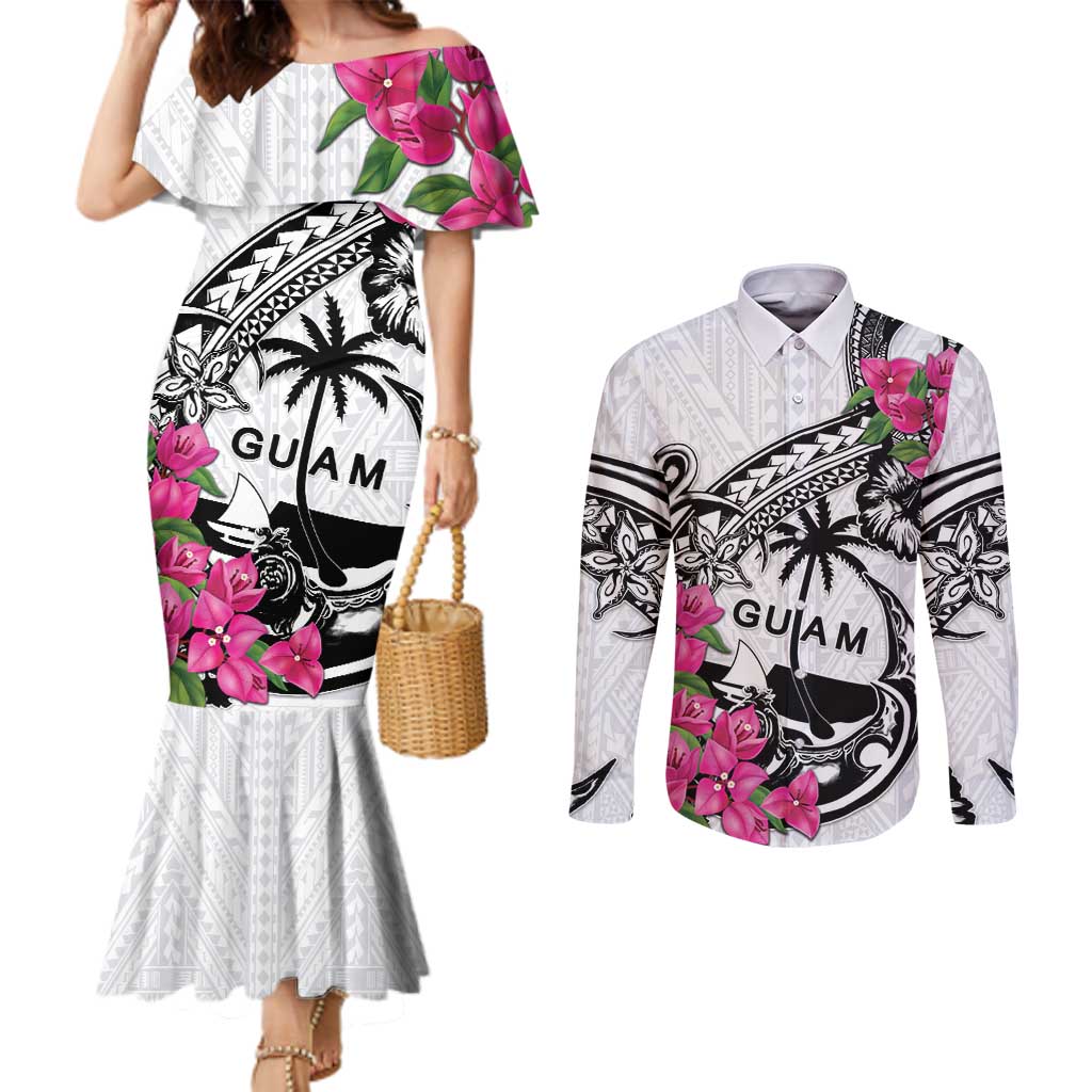 Guam Chamorro Couples Matching Mermaid Dress and Long Sleeve Button Shirt Bougainvillea White Polynesian Tribal Pattern