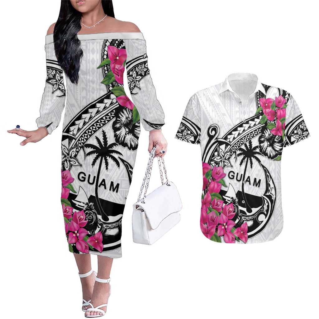 Guam Chamorro Couples Matching Off The Shoulder Long Sleeve Dress and Hawaiian Shirt Bougainvillea White Polynesian Tribal Pattern