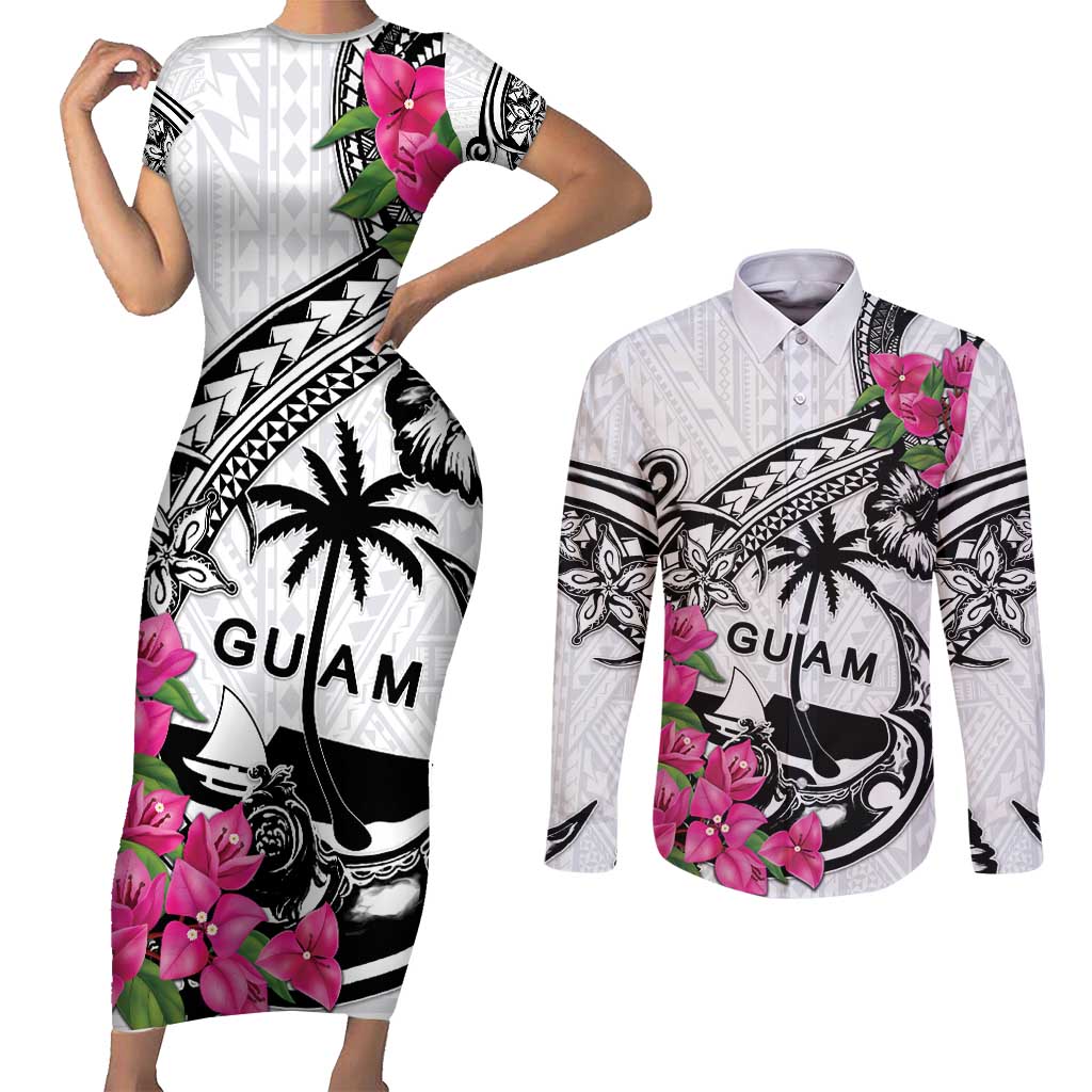 Guam Chamorro Couples Matching Short Sleeve Bodycon Dress and Long Sleeve Button Shirt Bougainvillea White Polynesian Tribal Pattern