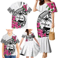 Guam Chamorro Family Matching Mermaid Dress and Hawaiian Shirt Bougainvillea White Polynesian Tribal Pattern