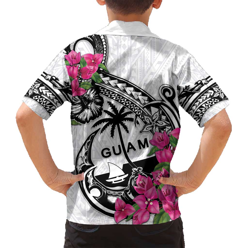 Guam Chamorro Family Matching Off Shoulder Maxi Dress and Hawaiian Shirt Bougainvillea White Polynesian Tribal Pattern
