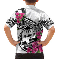 Guam Chamorro Family Matching Off Shoulder Maxi Dress and Hawaiian Shirt Bougainvillea White Polynesian Tribal Pattern