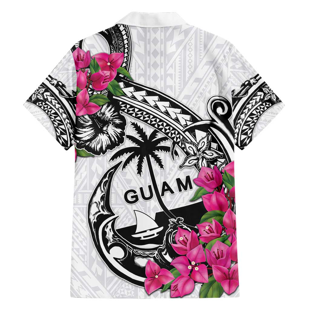 Guam Chamorro Family Matching Off Shoulder Maxi Dress and Hawaiian Shirt Bougainvillea White Polynesian Tribal Pattern
