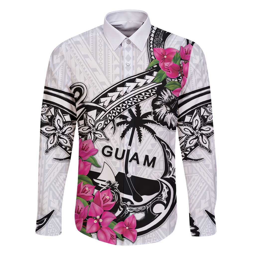 Guam Chamorro Family Matching Off Shoulder Maxi Dress and Hawaiian Shirt Bougainvillea White Polynesian Tribal Pattern