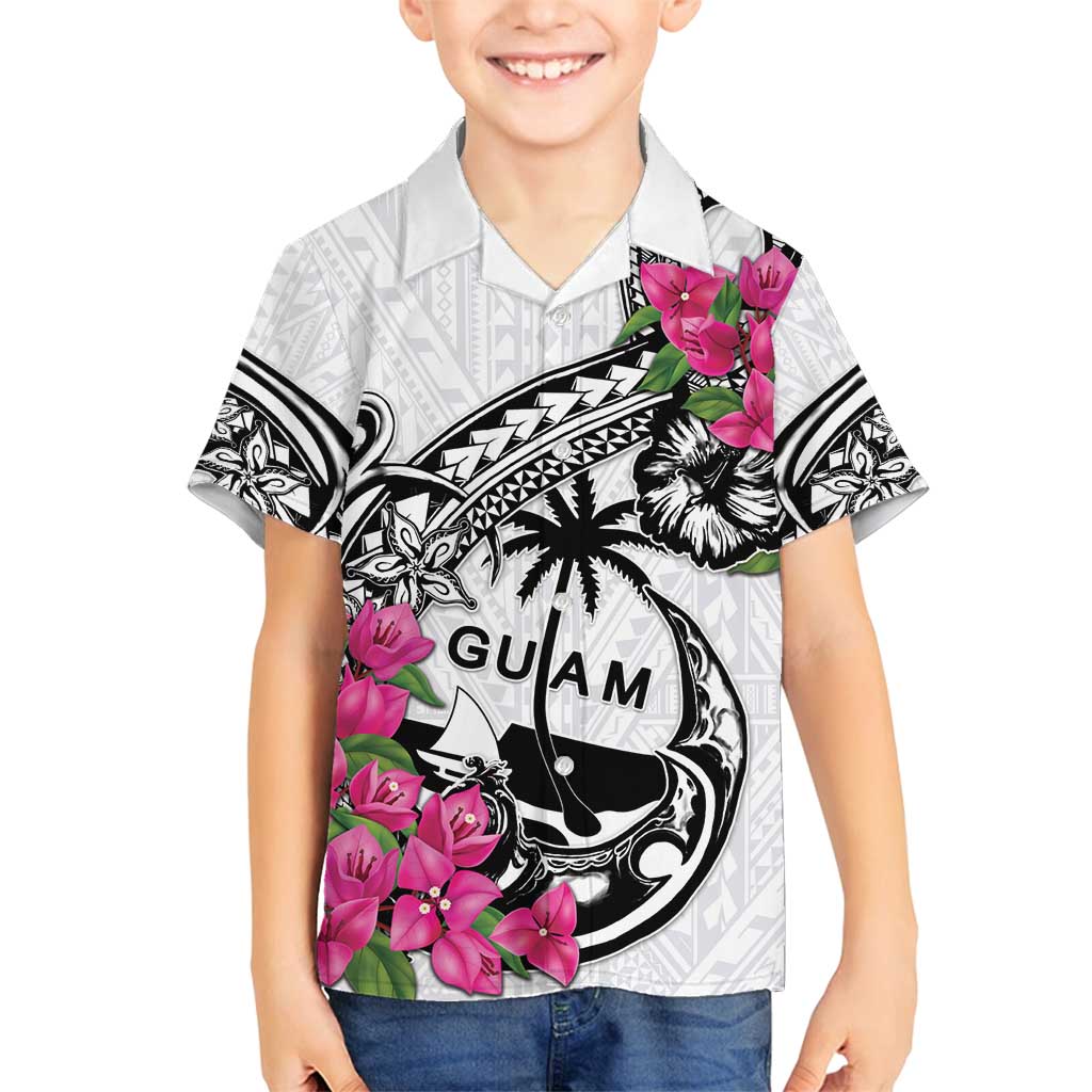 Guam Chamorro Family Matching Off Shoulder Maxi Dress and Hawaiian Shirt Bougainvillea White Polynesian Tribal Pattern