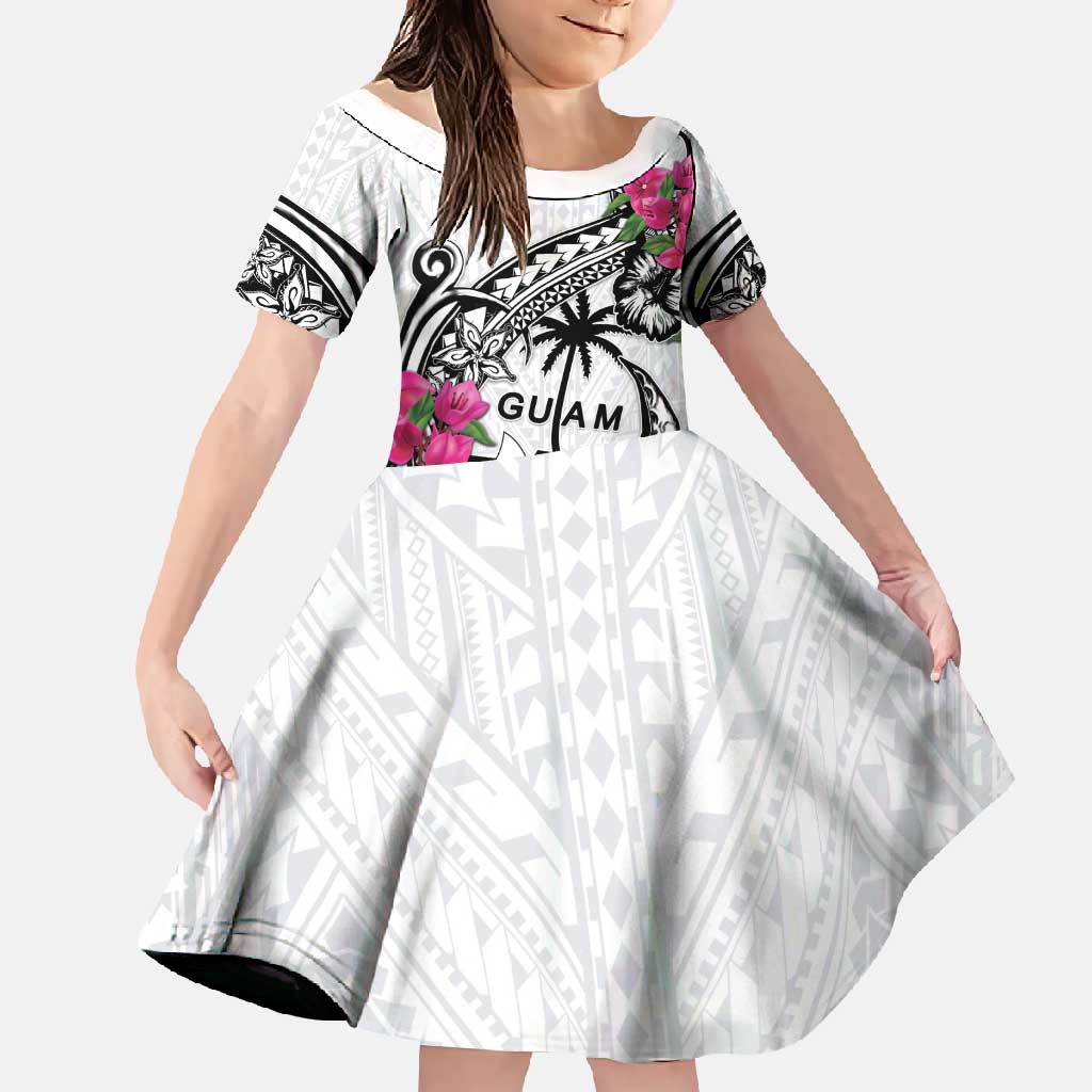 Guam Chamorro Family Matching Short Sleeve Bodycon Dress and Hawaiian Shirt Bougainvillea White Polynesian Tribal Pattern LT05 Daughter's Dress White - Polynesian Pride