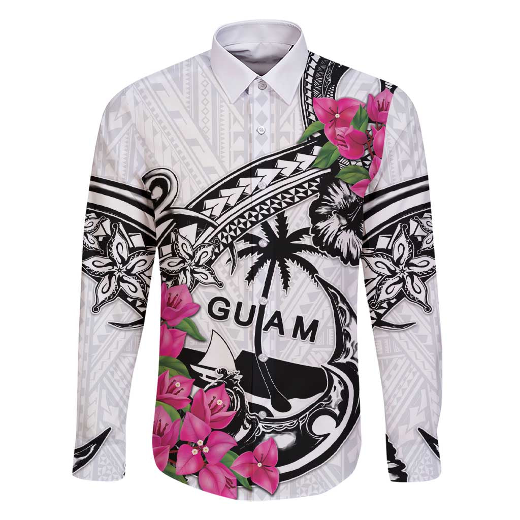 Guam Chamorro Family Matching Short Sleeve Bodycon Dress and Hawaiian Shirt Bougainvillea White Polynesian Tribal Pattern LT05 Dad's Shirt - Long Sleeve White - Polynesian Pride