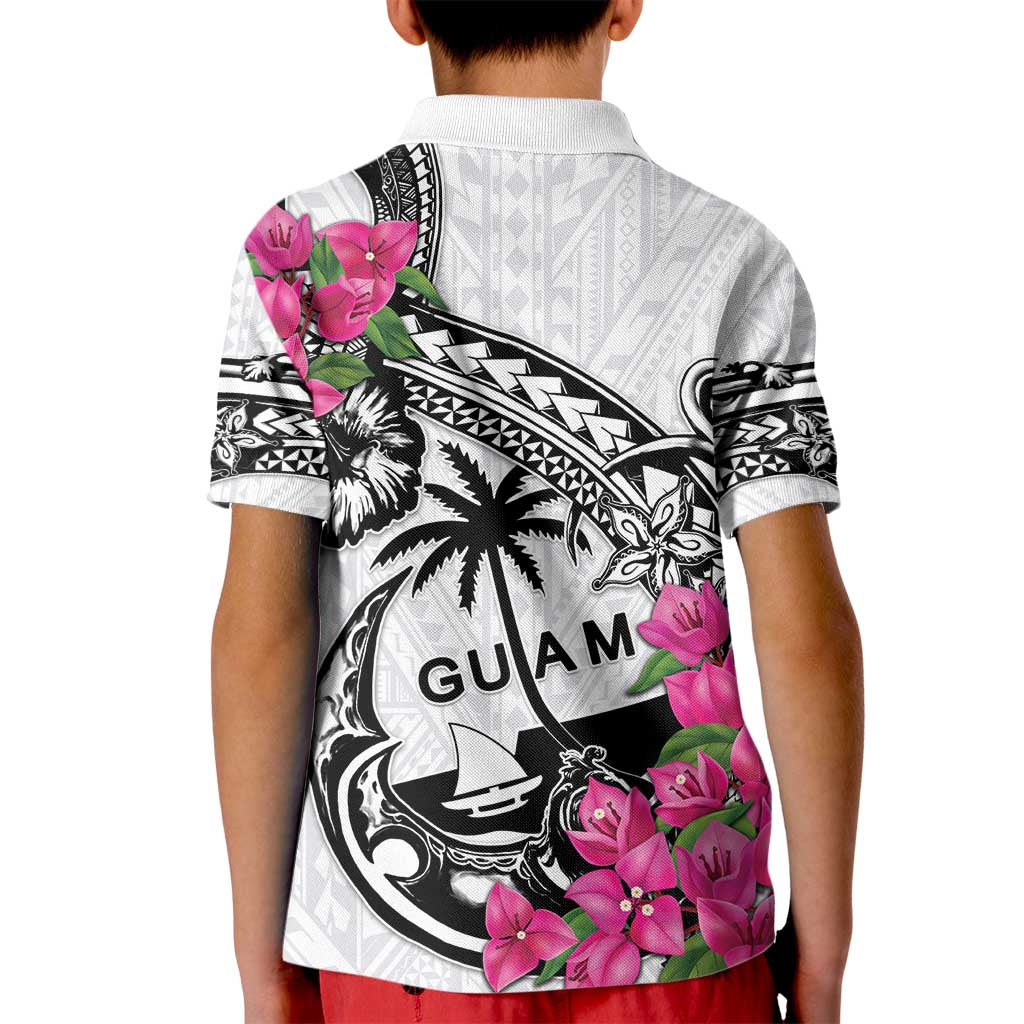 Guam Chamorro Kid Polo Shirt Bougainvillea White Polynesian Tribal Pattern