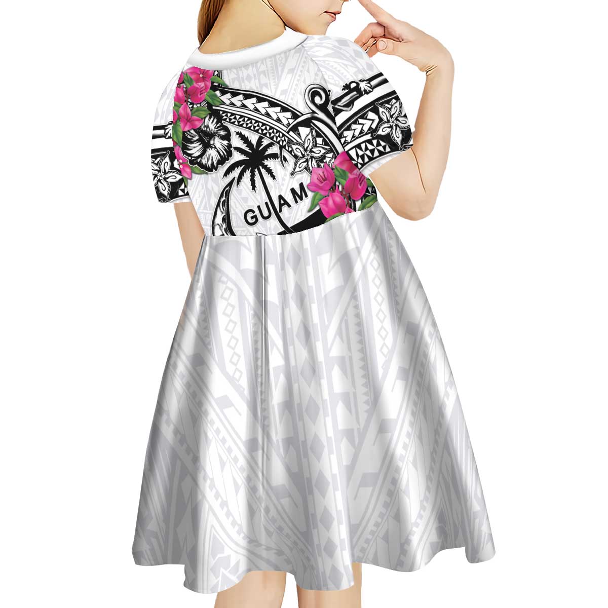 Guam Chamorro Kid Short Sleeve Dress Bougainvillea White Polynesian Tribal Pattern