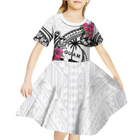 Guam Chamorro Kid Short Sleeve Dress Bougainvillea White Polynesian Tribal Pattern