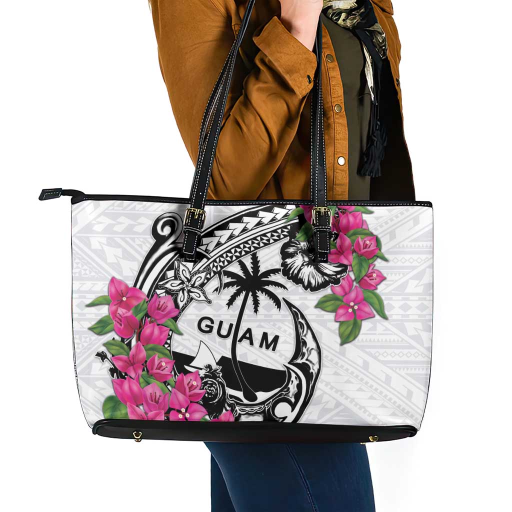 Guam Chamorro Leather Tote Bag Bougainvillea White Polynesian Tribal Pattern