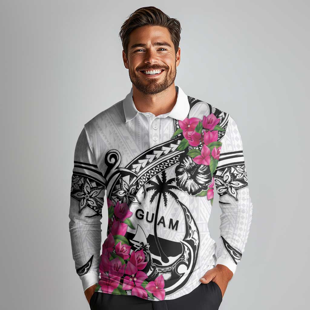 Guam Chamorro Long Sleeve Polo Shirt Bougainvillea White Polynesian Tribal Pattern