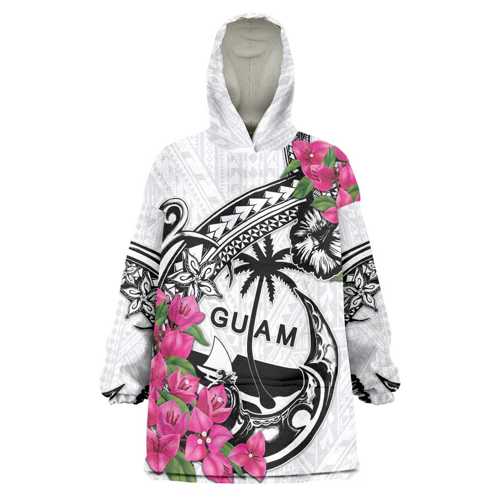 Guam Chamorro Wearable Blanket Hoodie Bougainvillea White Polynesian Tribal Pattern