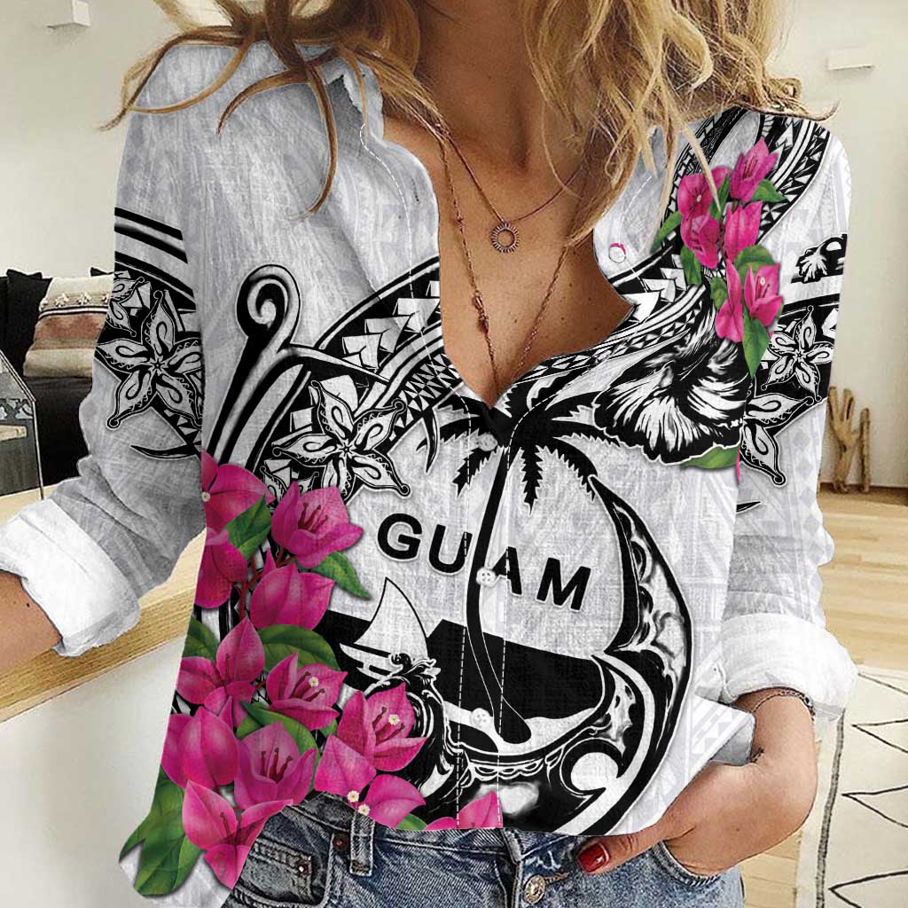 Guam Chamorro Women Casual Shirt Bougainvillea White Polynesian Tribal Pattern