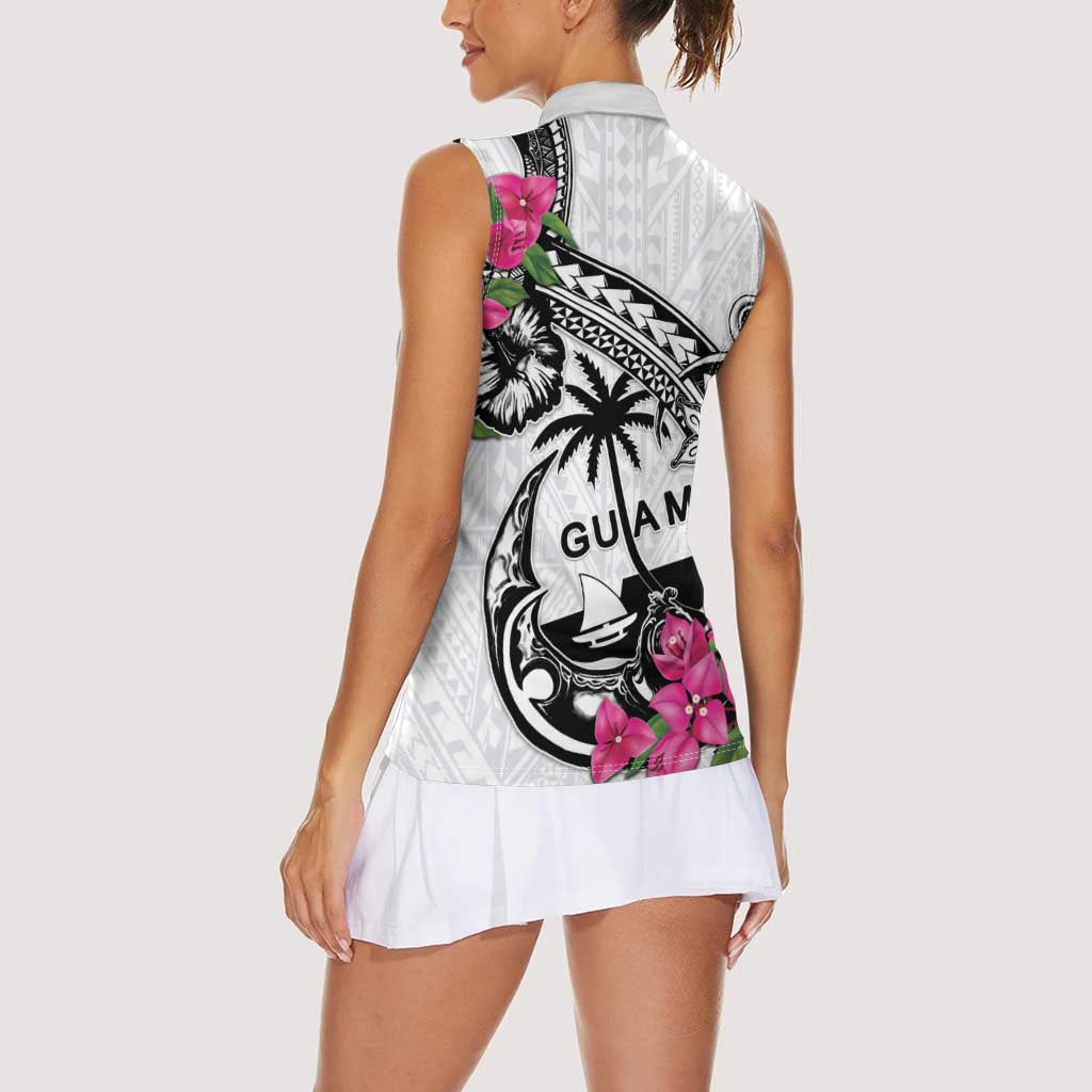 Guam Chamorro Women Sleeveless Polo Shirt Bougainvillea White Polynesian Tribal Pattern