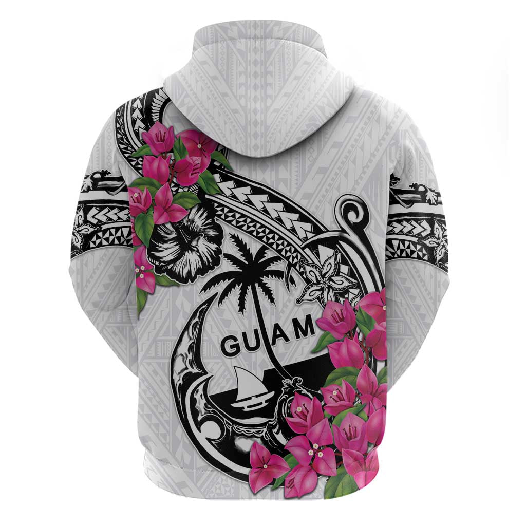 Guam Chamorro Zip Hoodie Bougainvillea White Polynesian Tribal Pattern