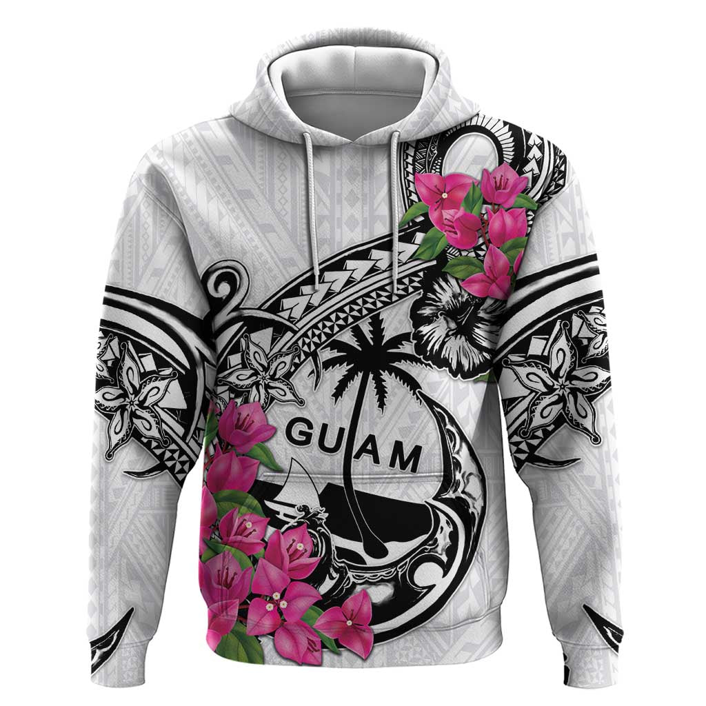 Guam Chamorro Zip Hoodie Bougainvillea White Polynesian Tribal Pattern