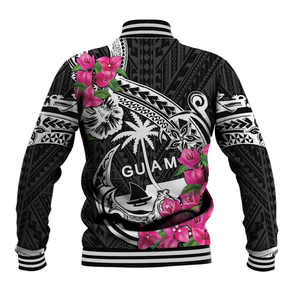 Guam Chamorro Baseball Jacket Bougainvillea Black Polynesian Tribal Pattern