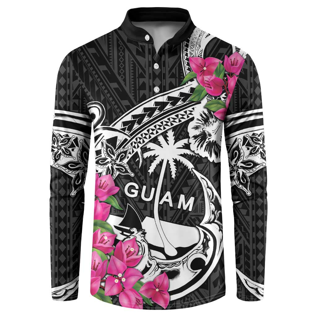 Guam Chamorro Button Sweatshirt Bougainvillea Black Polynesian Tribal Pattern