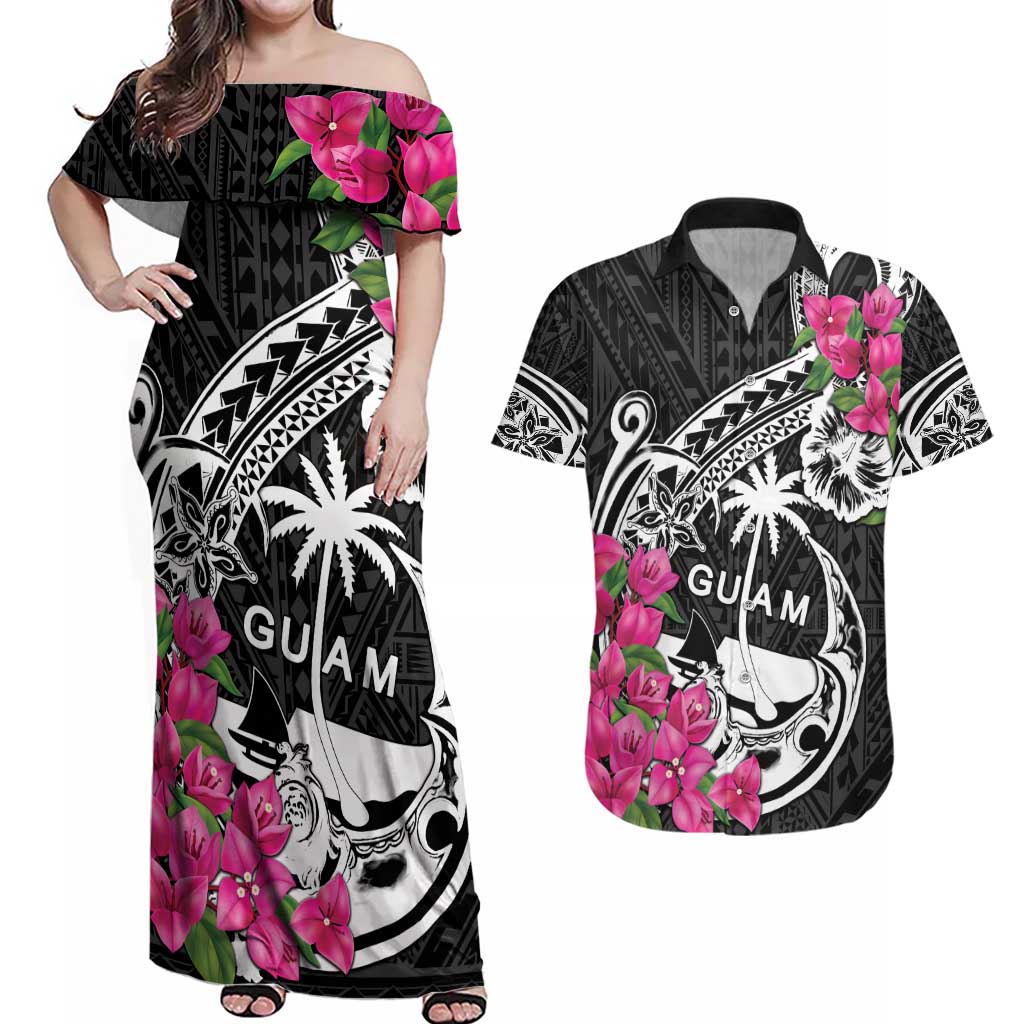 Guam Chamorro Couples Matching Off Shoulder Maxi Dress and Hawaiian Shirt Bougainvillea Black Polynesian Tribal Pattern