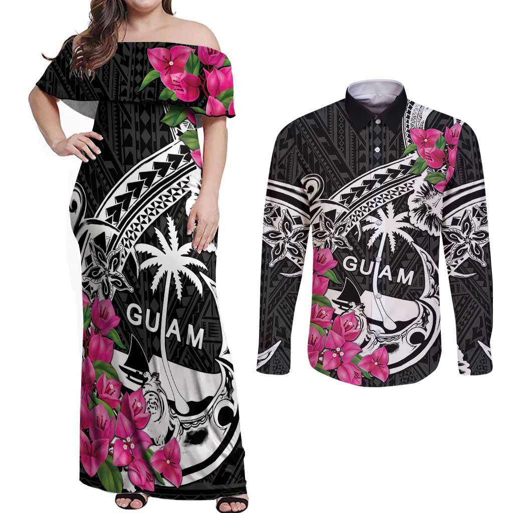 Guam Chamorro Couples Matching Off Shoulder Maxi Dress and Long Sleeve Button Shirt Bougainvillea Black Polynesian Tribal Pattern