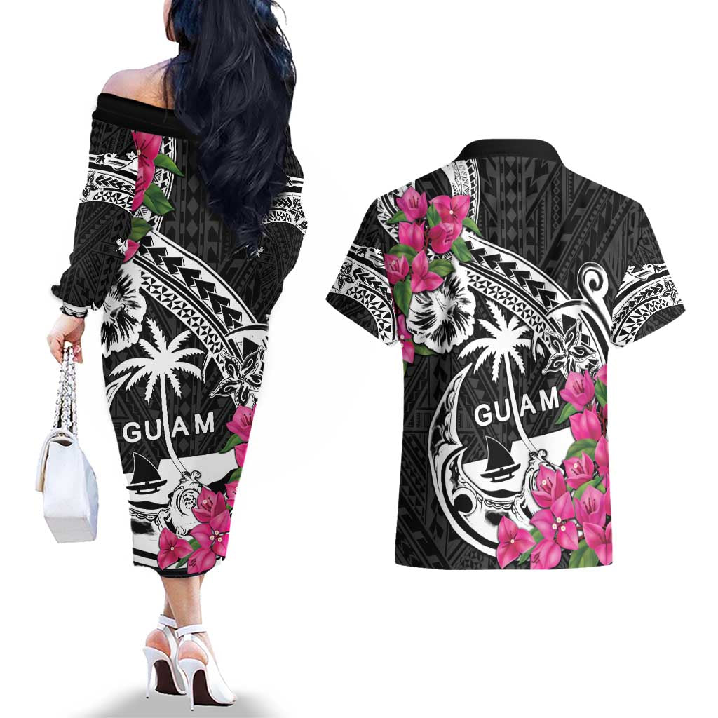 Guam Chamorro Couples Matching Off The Shoulder Long Sleeve Dress and Hawaiian Shirt Bougainvillea Black Polynesian Tribal Pattern