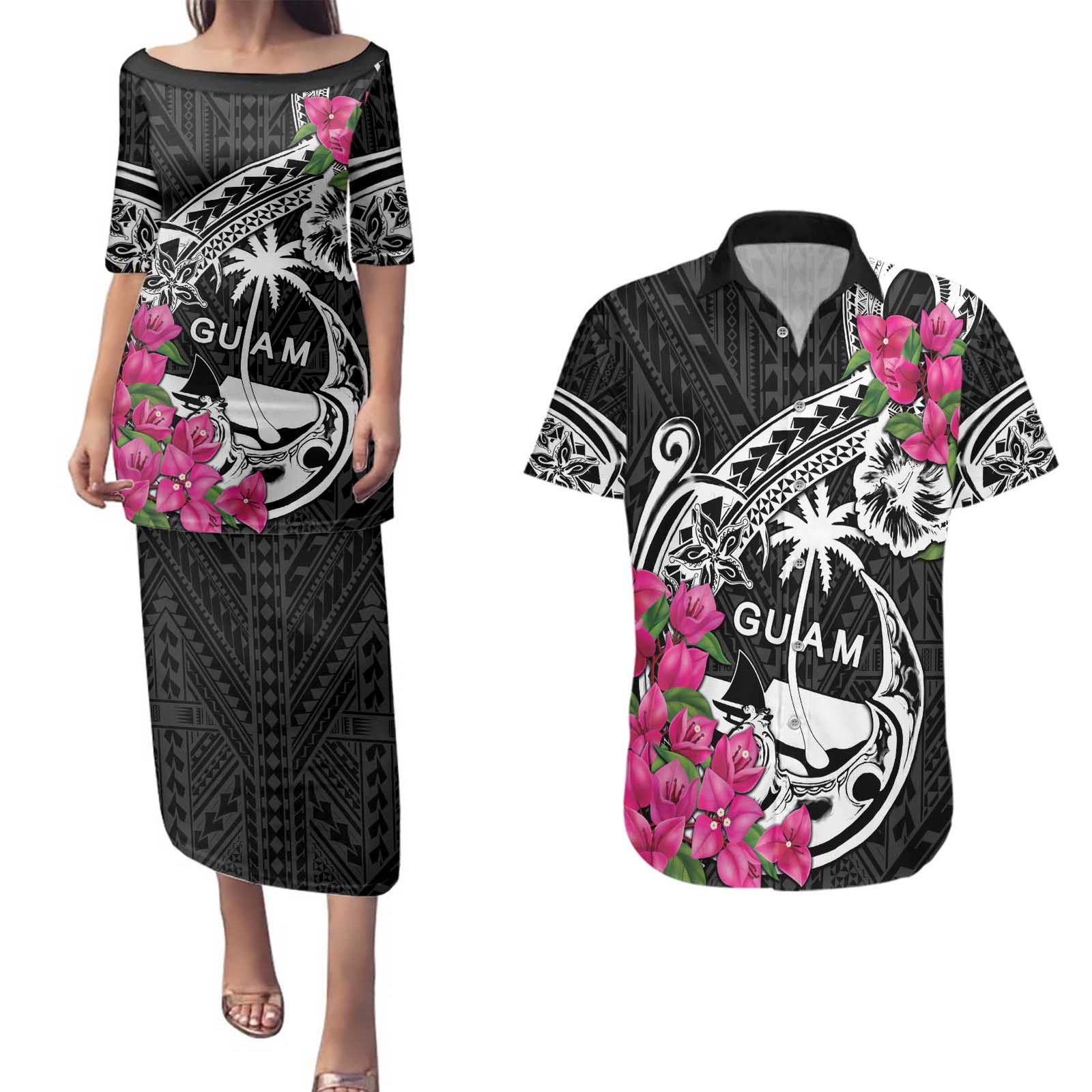 Guam Chamorro Couples Matching Puletasi and Hawaiian Shirt Bougainvillea Black Polynesian Tribal Pattern