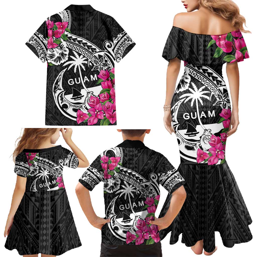 Guam Chamorro Family Matching Mermaid Dress and Hawaiian Shirt Bougainvillea Black Polynesian Tribal Pattern