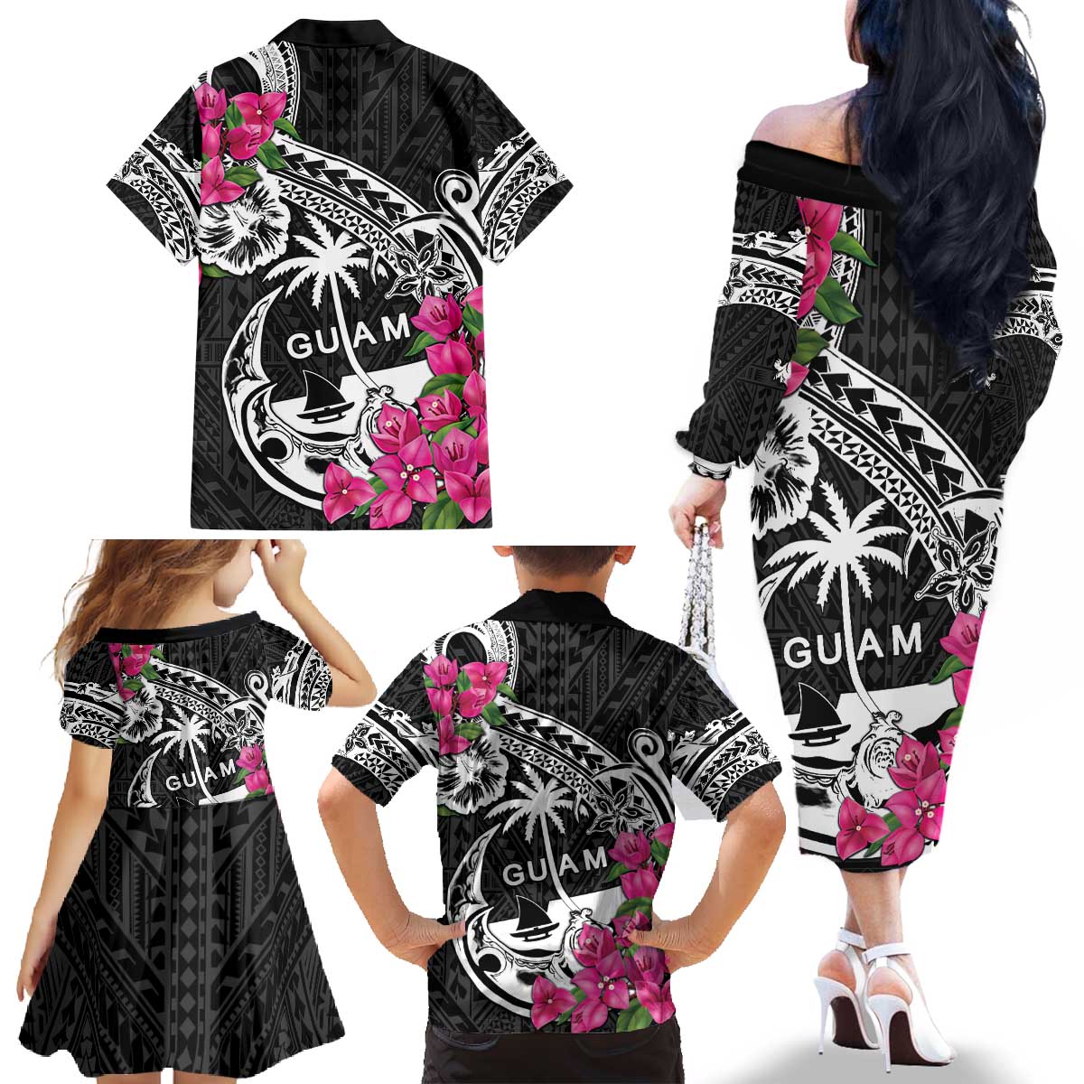 Guam Chamorro Family Matching Off The Shoulder Long Sleeve Dress and Hawaiian Shirt Bougainvillea Black Polynesian Tribal Pattern