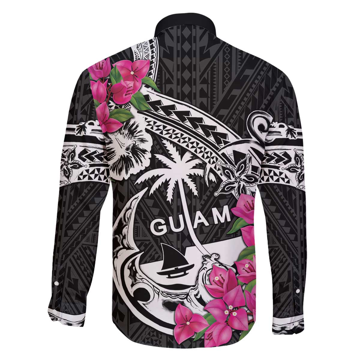 Guam Chamorro Family Matching Off The Shoulder Long Sleeve Dress and Hawaiian Shirt Bougainvillea Black Polynesian Tribal Pattern