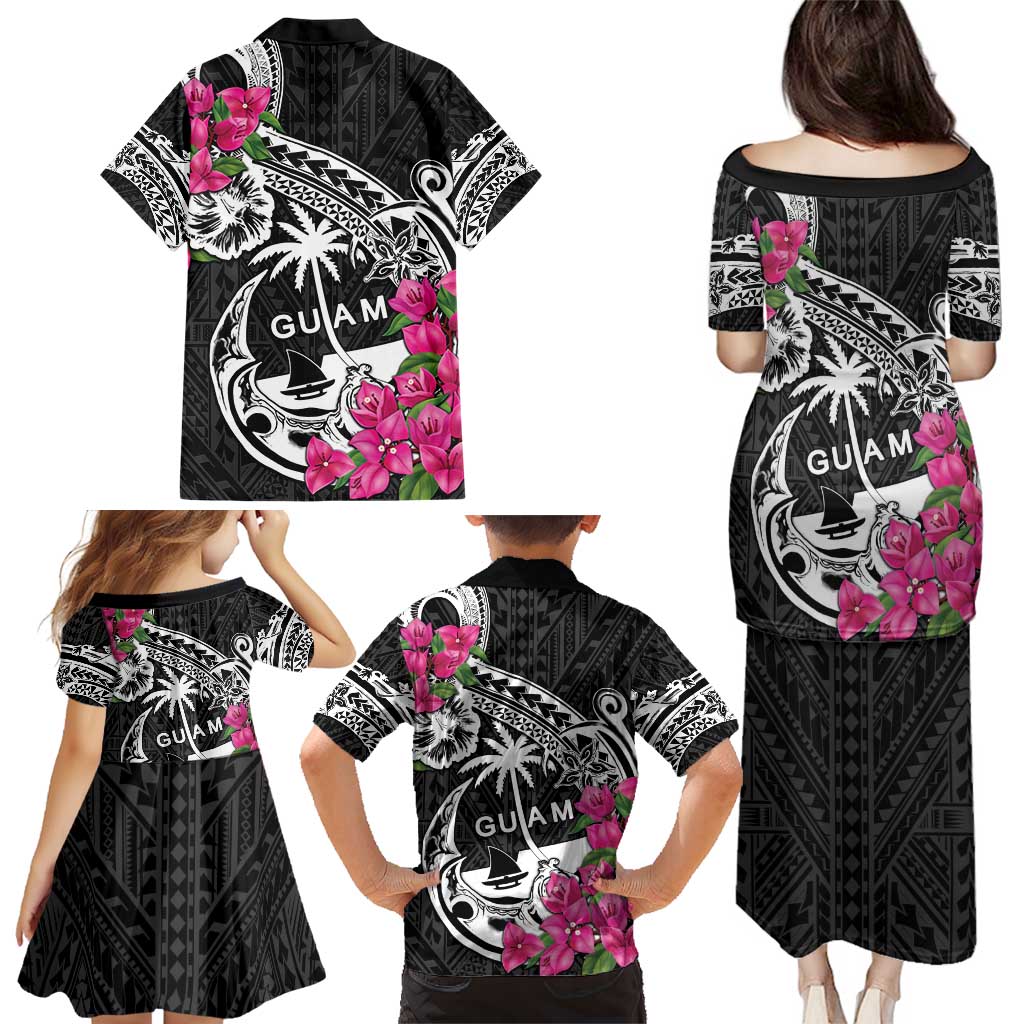 Guam Chamorro Family Matching Puletasi and Hawaiian Shirt Bougainvillea Black Polynesian Tribal Pattern