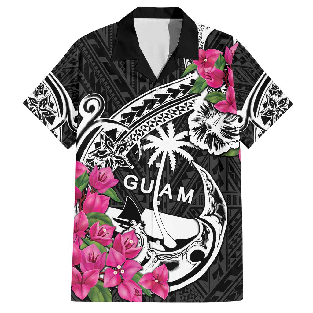 Guam Chamorro Family Matching Puletasi and Hawaiian Shirt Bougainvillea Black Polynesian Tribal Pattern