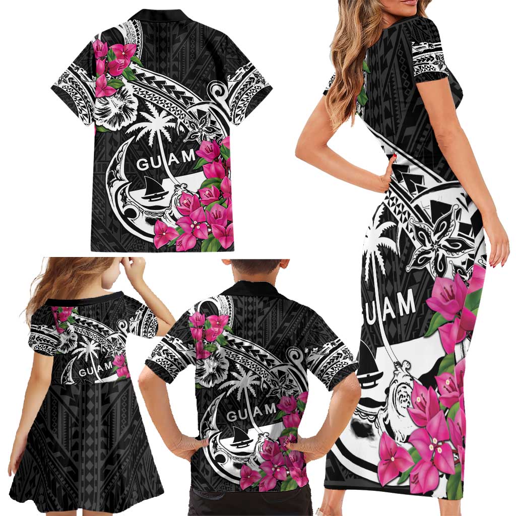 Guam Chamorro Family Matching Short Sleeve Bodycon Dress and Hawaiian Shirt Bougainvillea Black Polynesian Tribal Pattern LT05 - Polynesian Pride