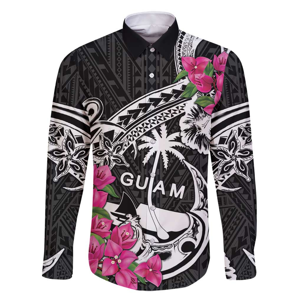 Guam Chamorro Family Matching Tank Maxi Dress and Hawaiian Shirt Bougainvillea Black Polynesian Tribal Pattern