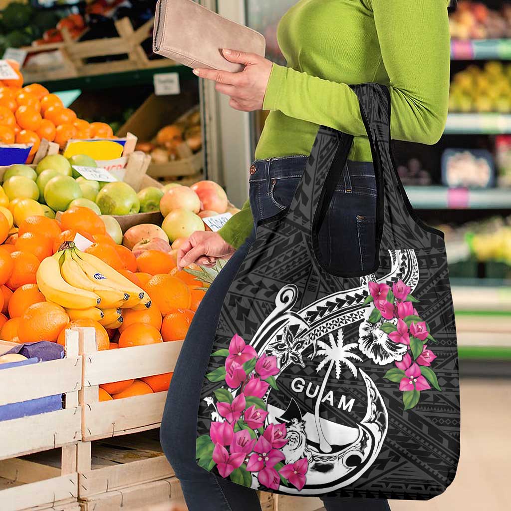 Guam Chamorro Grocery Bag Bougainvillea Black Polynesian Tribal Pattern